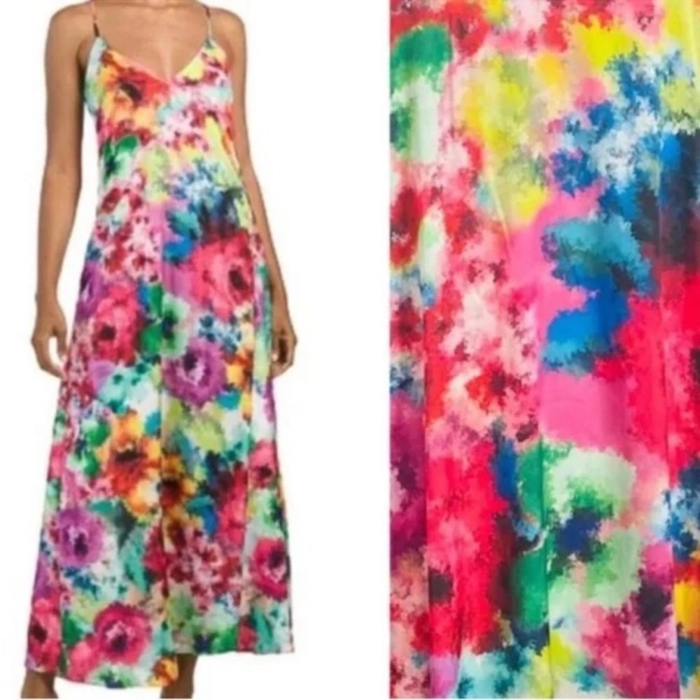 Nicole Miller Rainbow Watercolor Floral Satin Slip Maxi Dress